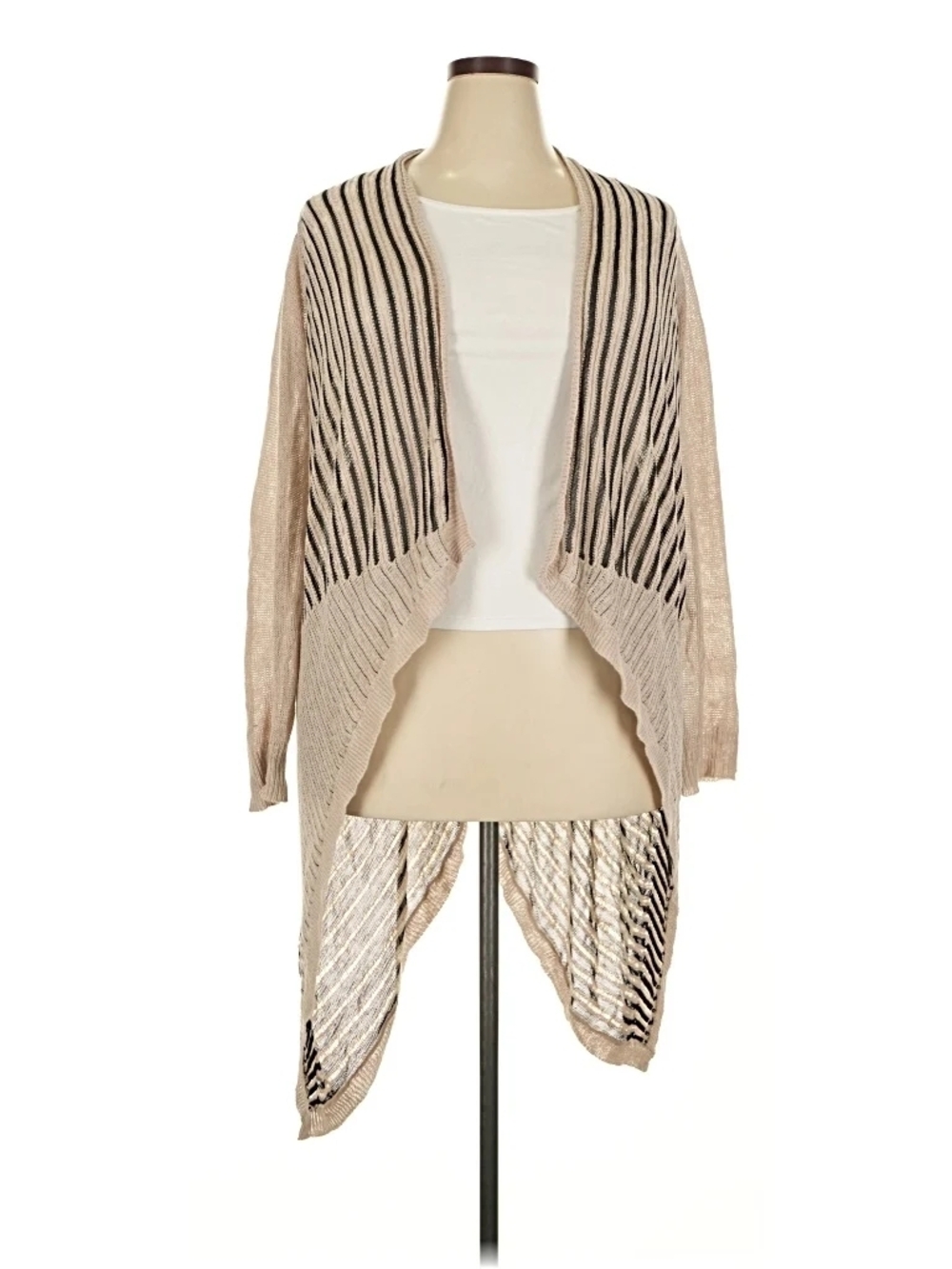 Josie Natori Beige & Black Open-Knit Striped Cardigan